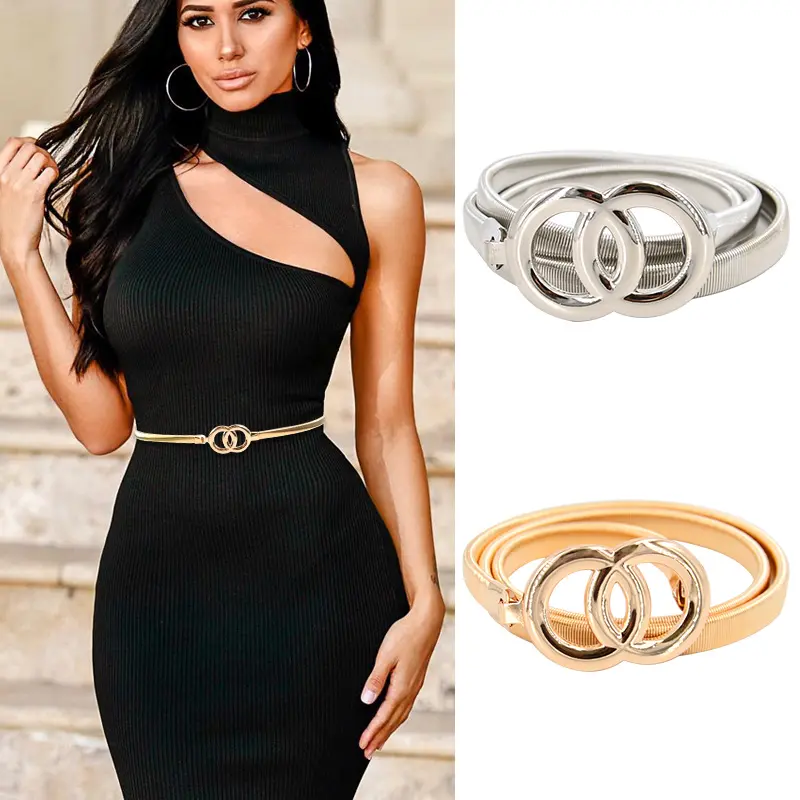 New Silver Gold Metal Belt Double Ring Imitate Rhinestone Lady Waist Belt Dress Suits Elastic Thin Slim Women Belts Waistband