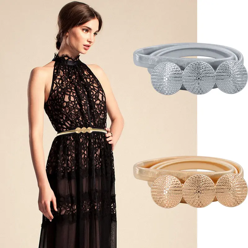 New Silver Gold Metal Belt Double Ring Imitate Rhinestone Lady Waist Belt Dress Suits Elastic Thin Slim Women Belts Waistband