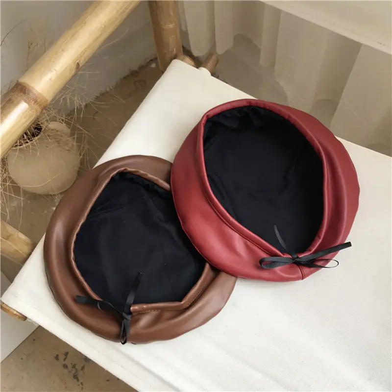 Women Girl Beret Hat French Retro Artist Beanie Hat Elegant Solid Color PU Leather Lady Painter Cap Spring Autumn Lady Berets