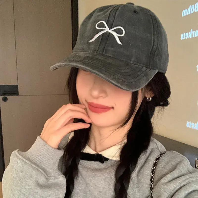Korean Bow Baseball Caps for Women Retro Washed Cotton Adjustable Duck Tongue Caps Sweet Girl Outdoor Casual Sun Visor Hats