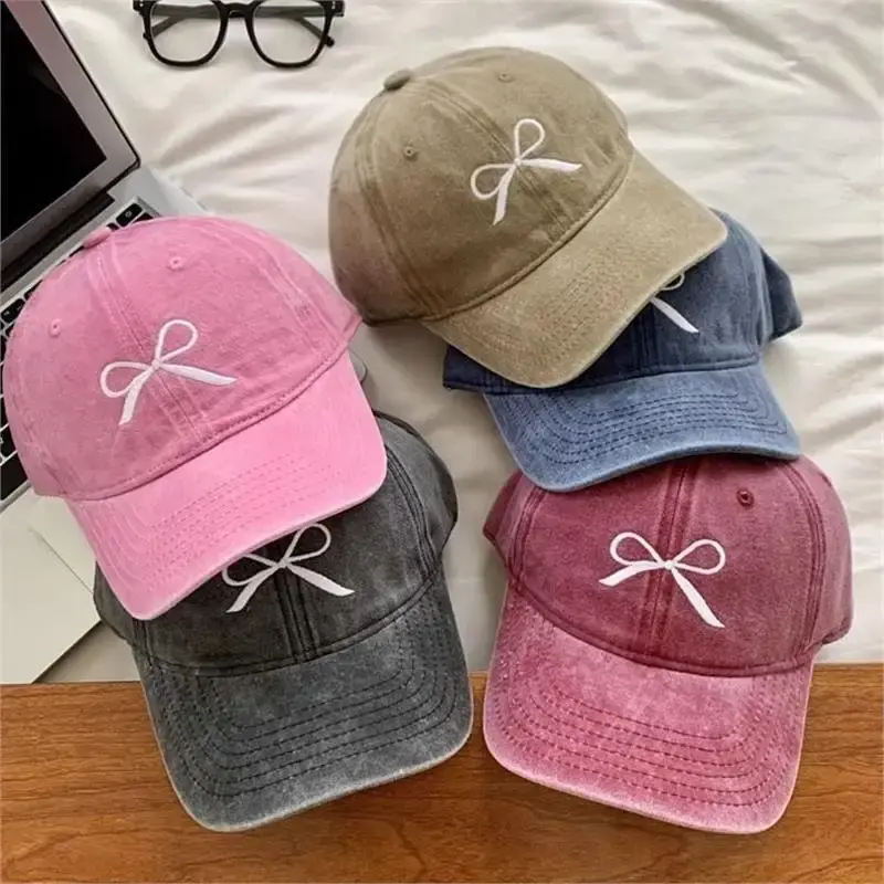 Korean Bow Baseball Caps for Women Retro Washed Cotton Adjustable Duck Tongue Caps Sweet Girl Outdoor Casual Sun Visor Hats