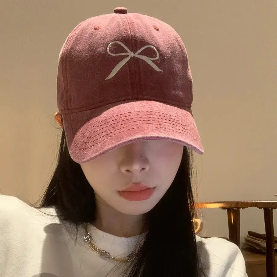 Korean Bow Baseball Caps for Women Retro Washed Cotton Adjustable Duck Tongue Caps Sweet Girl Outdoor Casual Sun Visor Hats