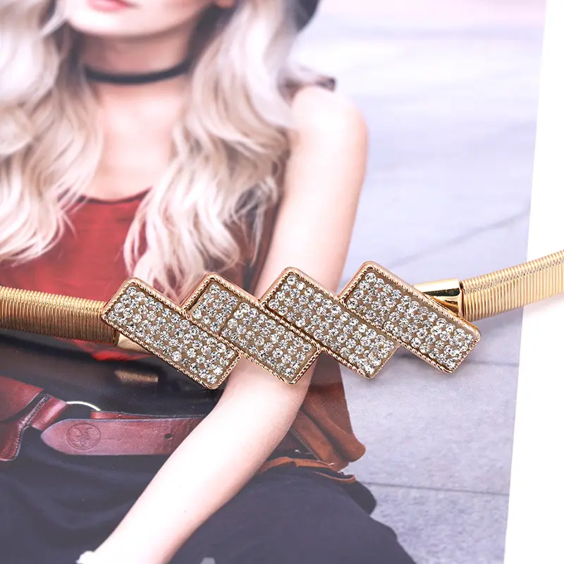 New Silver Gold Metal Belt Double Ring Imitate Rhinestone Lady Waist Belt Dress Suits Elastic Thin Slim Women Belts Waistband