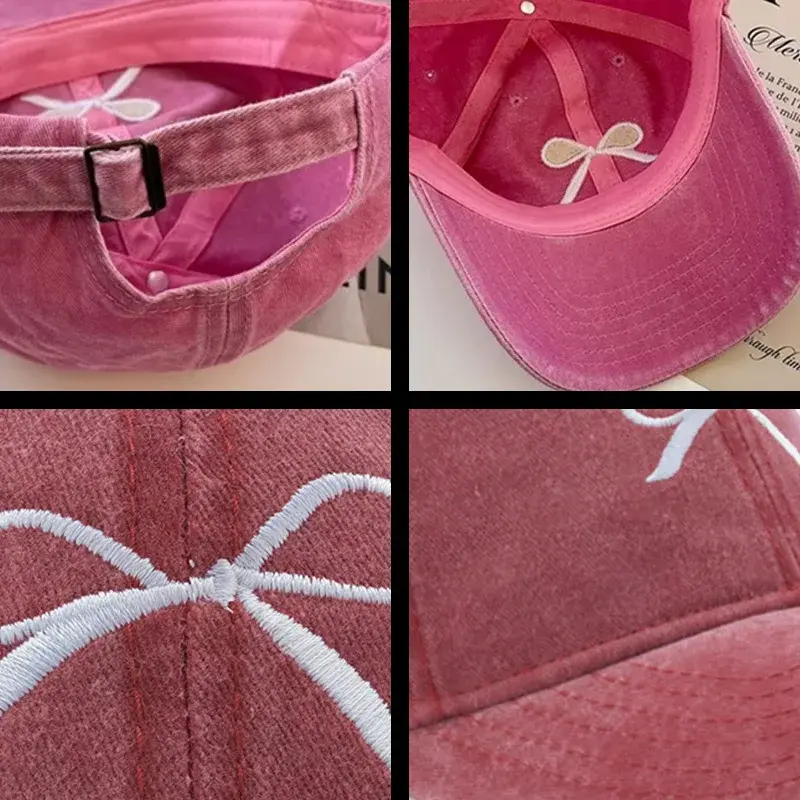 Korean Bow Baseball Caps for Women Retro Washed Cotton Adjustable Duck Tongue Caps Sweet Girl Outdoor Casual Sun Visor Hats