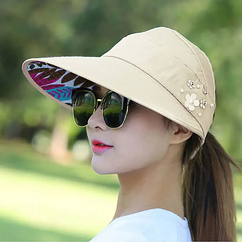 Summer Hats For Women Foldable Sun Hat Pearl Flower Visor Suncreen Floppy Cap Female Outdoor Casual Baseball Cap