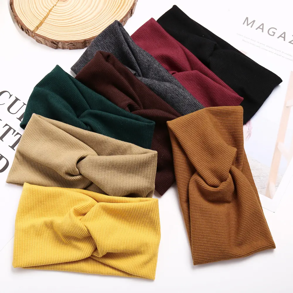Solid Color Warm Ear Protection Women Hat Winter Wide Turban Hats Beanies Soft Elastic Cross Twist Headband Knitted Cap