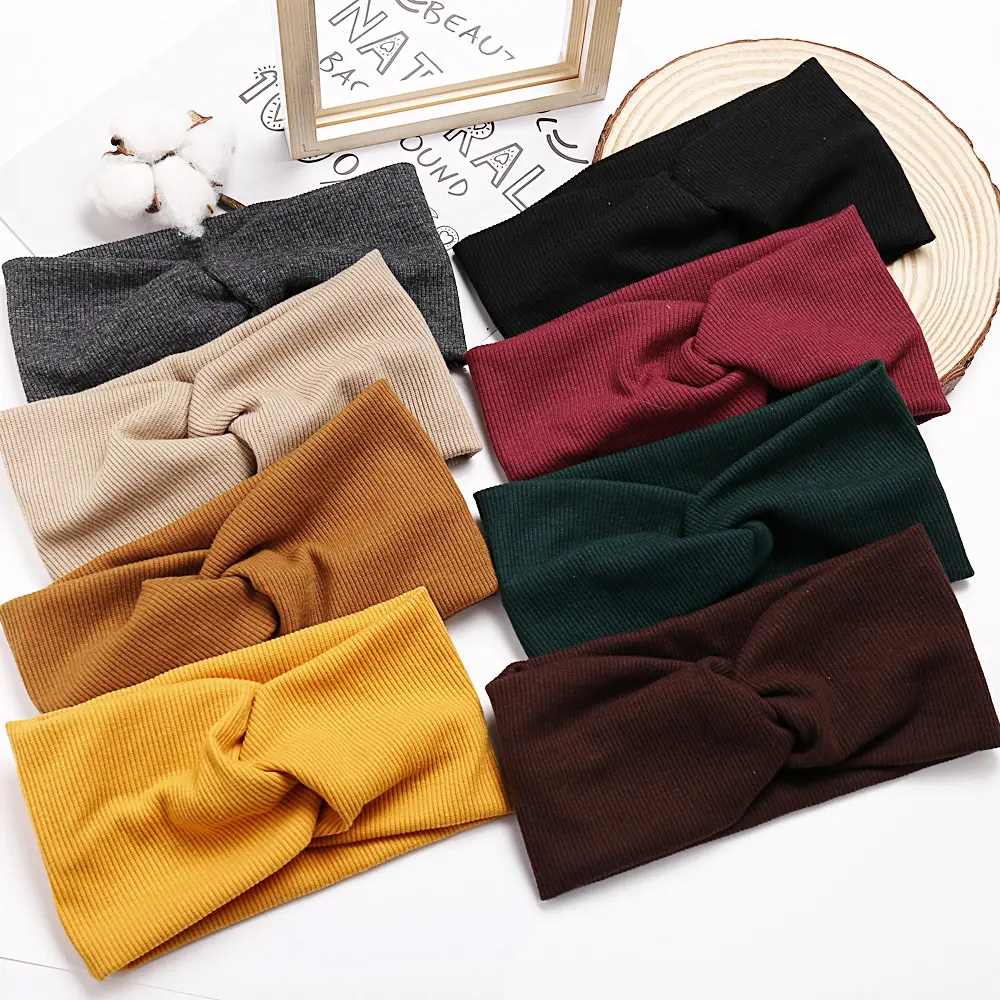 Solid Color Warm Ear Protection Women Hat Winter Wide Turban Hats Beanies Soft Elastic Cross Twist Headband Knitted Cap