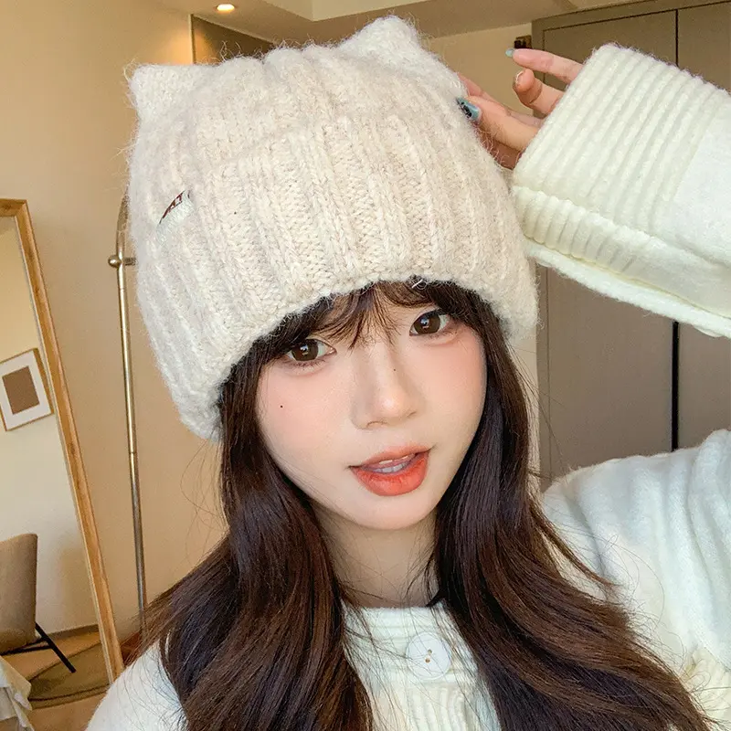 Cute Cat Ears Beanies Caps for Women Winter Thicken Knitted Woolen Pullover Hats Outdoor Windproof Anti-Cold Skullcaps