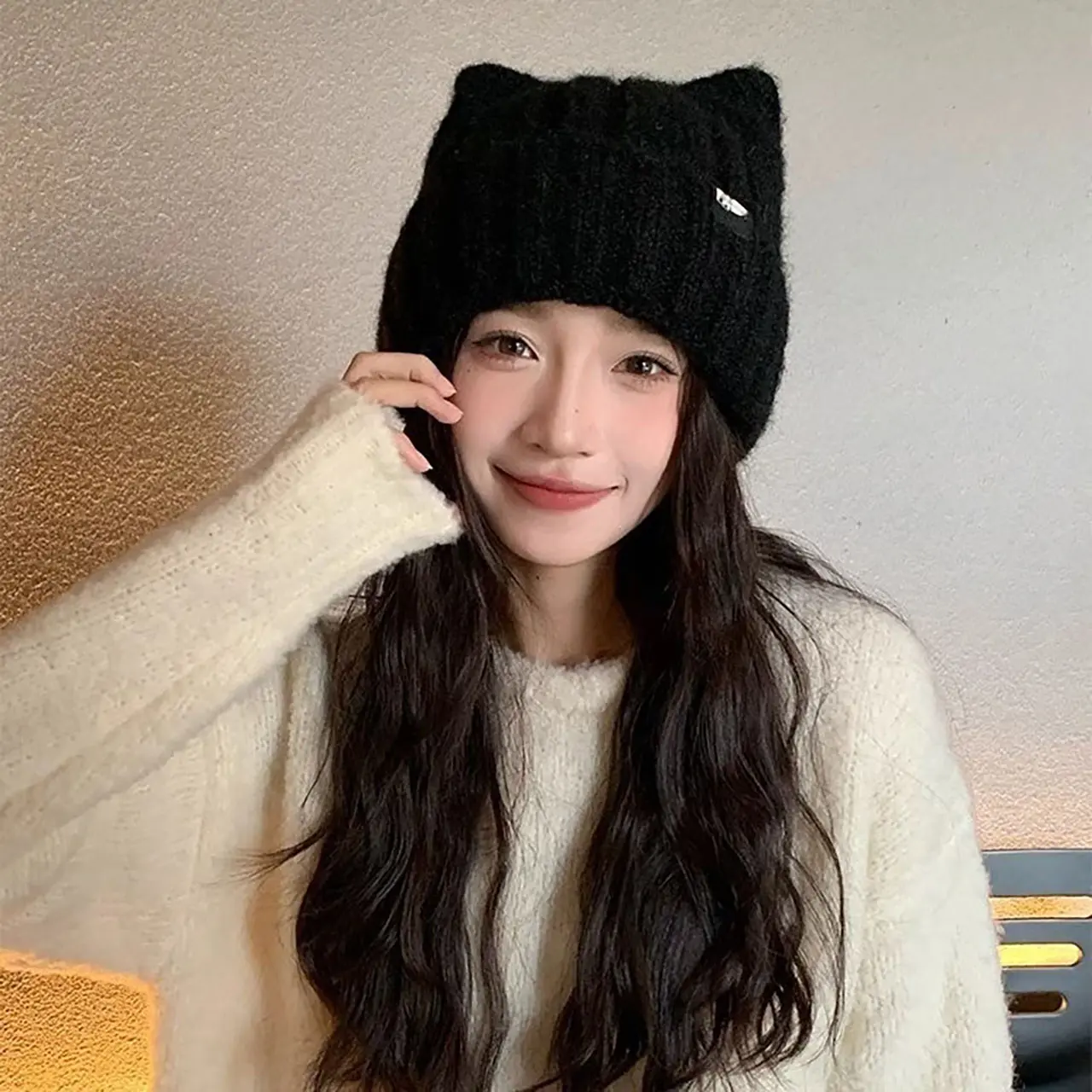 Cute Cat Ears Beanies Caps for Women Winter Thicken Knitted Woolen Pullover Hats Outdoor Windproof Anti-Cold Skullcaps