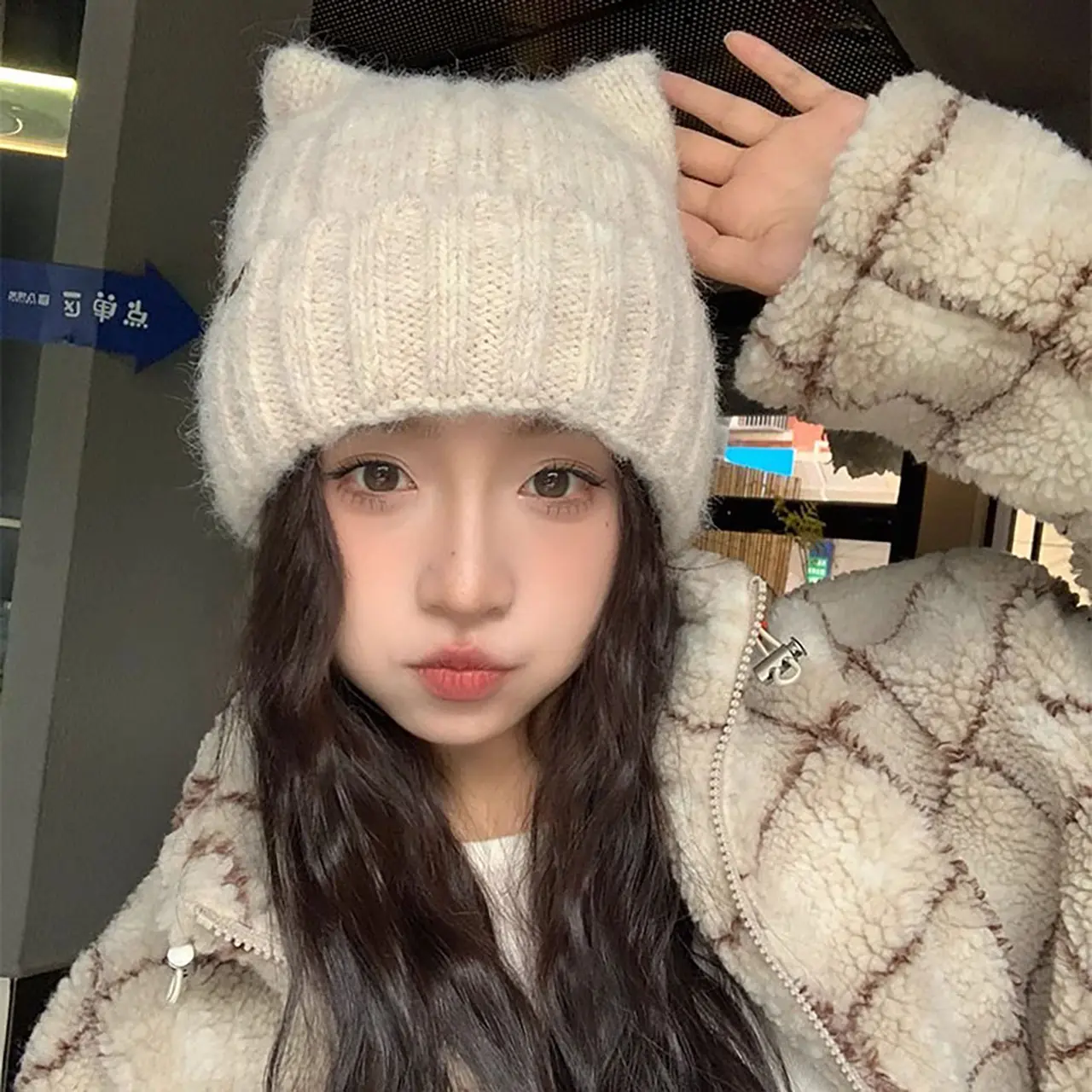 Cute Cat Ears Beanies Caps for Women Winter Thicken Knitted Woolen Pullover Hats Outdoor Windproof Anti-Cold Skullcaps