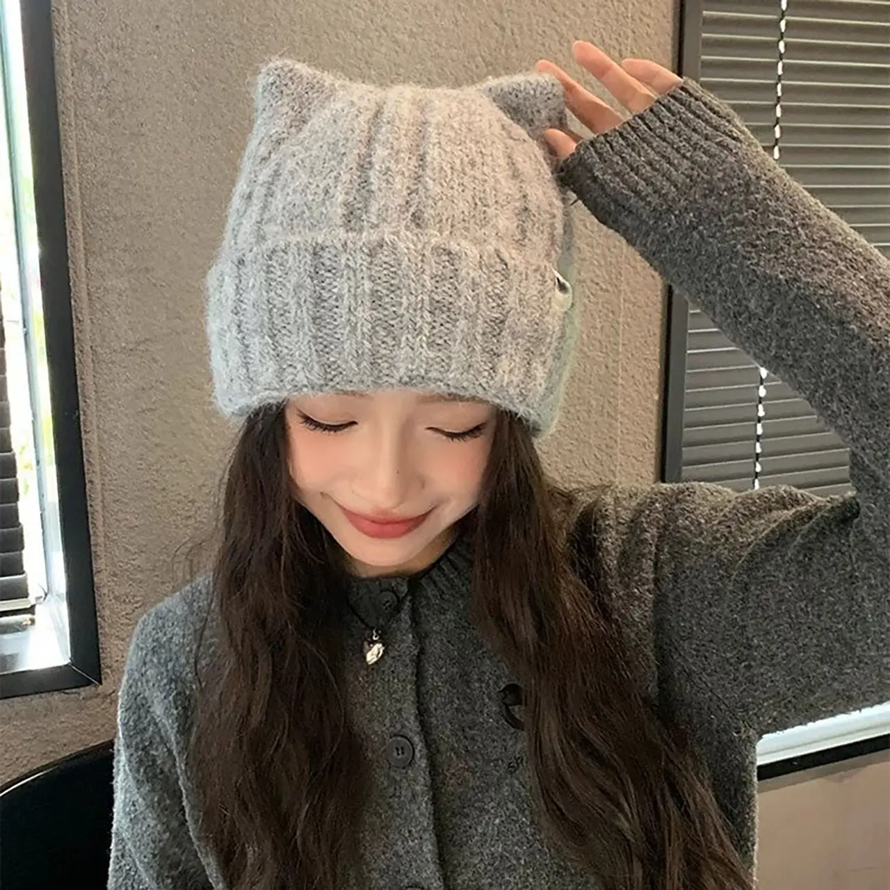 Cute Cat Ears Beanies Caps for Women Winter Thicken Knitted Woolen Pullover Hats Outdoor Windproof Anti-Cold Skullcaps