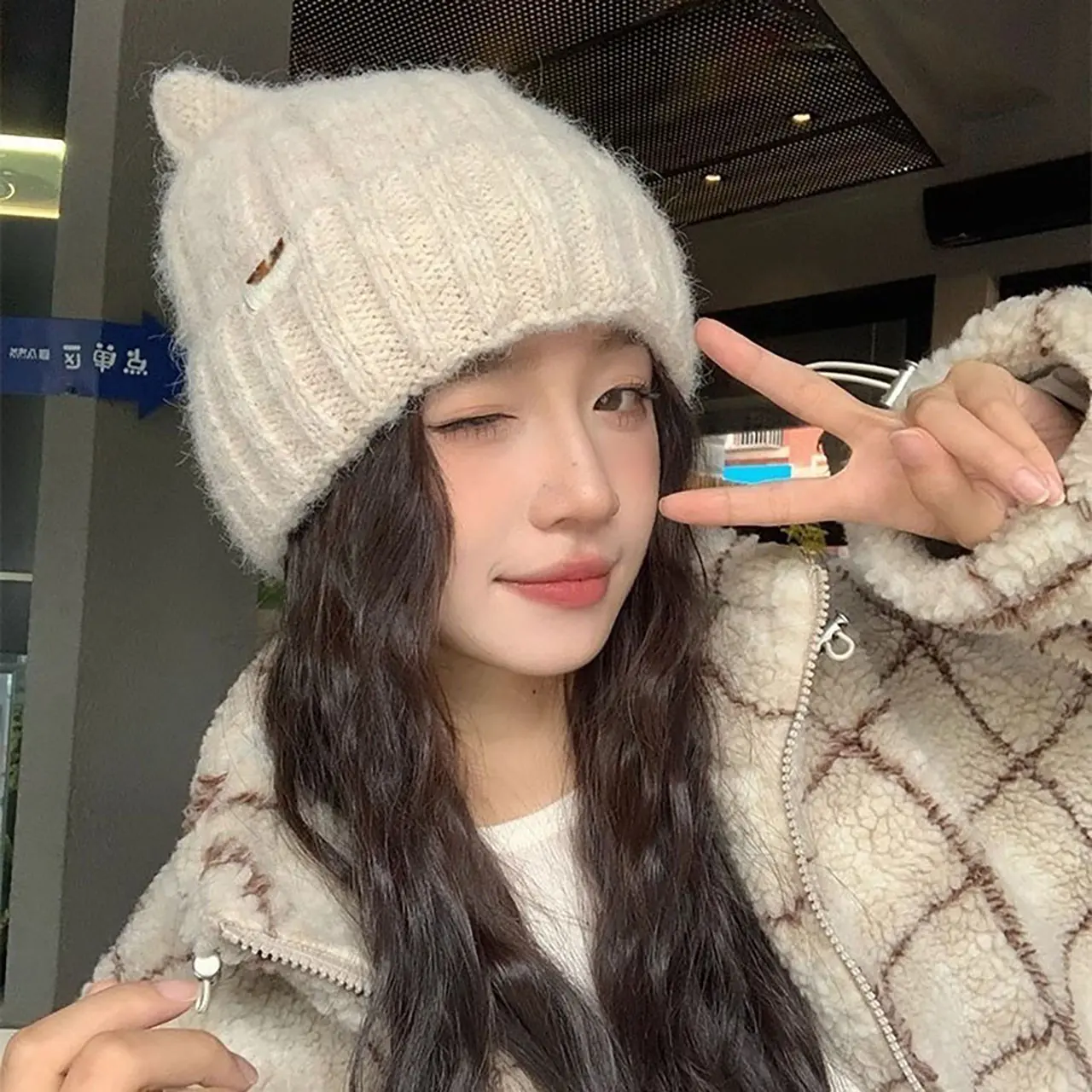 Cute Cat Ears Beanies Caps for Women Winter Thicken Knitted Woolen Pullover Hats Outdoor Windproof Anti-Cold Skullcaps
