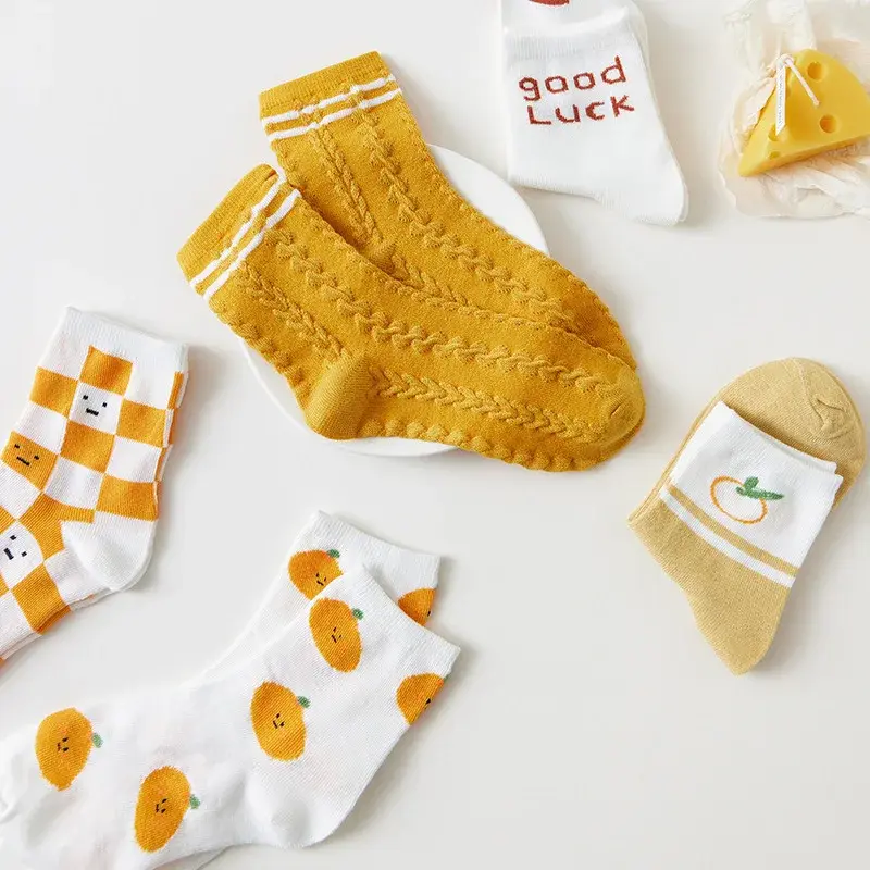 Cute Print Stripe Women Socks 5 Pairs Soft Cotton Breathable Middle Tube Socks Spring Autumn Casual Girl Footwear