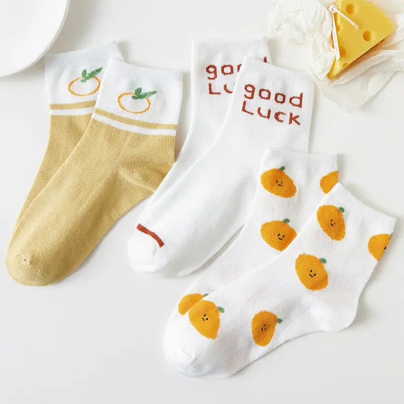 Cute Print Stripe Women Socks 5 Pairs Soft Cotton Breathable Middle Tube Socks Spring Autumn Casual Girl Footwear