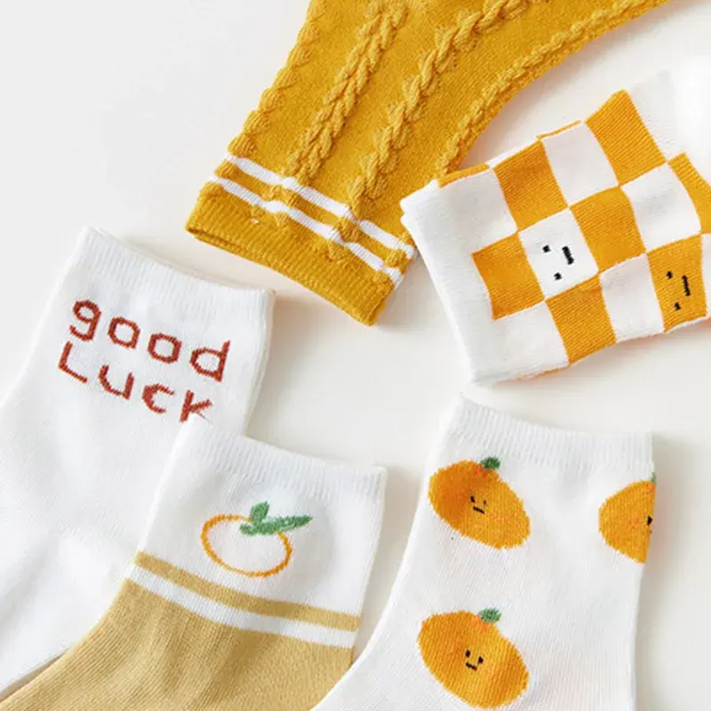 Cute Print Stripe Women Socks 5 Pairs Soft Cotton Breathable Middle Tube Socks Spring Autumn Casual Girl Footwear