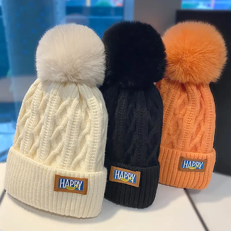 Soft Pompom Women Knitted Pullover Hats Autumn Winter Twist Woolen Beanies Caps Korean Girl Outdoor Windproof Bonnet Skullcaps