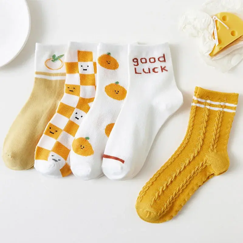 Cute Print Stripe Women Socks 5 Pairs Soft Cotton Breathable Middle Tube Socks Spring Autumn Casual Girl Footwear