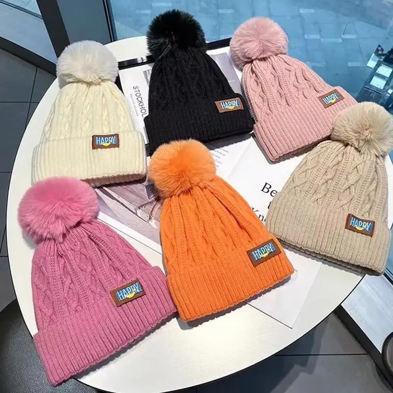 Soft Pompom Women Knitted Pullover Hats Autumn Winter Twist Woolen Beanies Caps Korean Girl Outdoor Windproof Bonnet Skullcaps