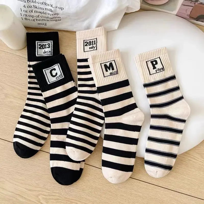 5 Pair Fashion Stripe Women Socks Spring Autumn Soft Cotton Breathable Middle Tube Socks Harajuku Letter Sports Socks