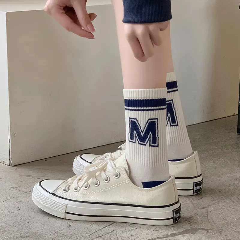 5 Pairs Fashion Stripe Letter Women Socks Elastic Soft Cotton Middle Tube Socks Spring Autumn Girl Sports Socks