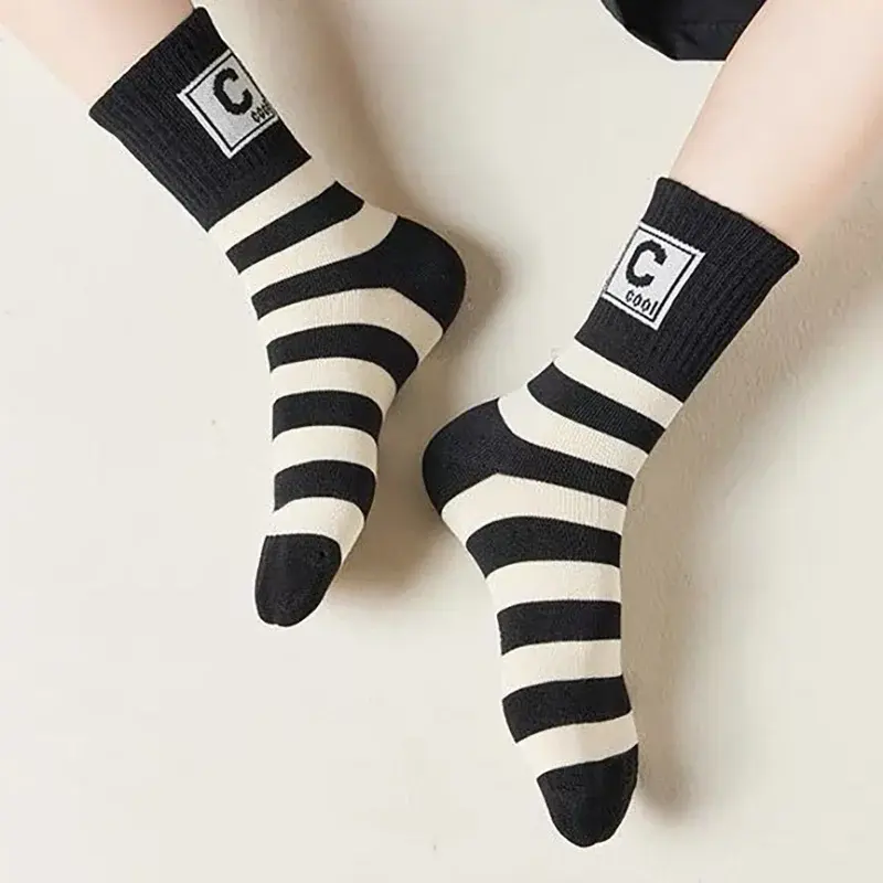 5 Pair Fashion Stripe Women Socks Spring Autumn Soft Cotton Breathable Middle Tube Socks Harajuku Letter Sports Socks