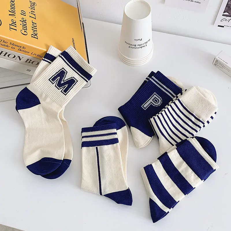 5 Pairs Fashion Stripe Letter Women Socks Elastic Soft Cotton Middle Tube Socks Spring Autumn Girl Sports Socks