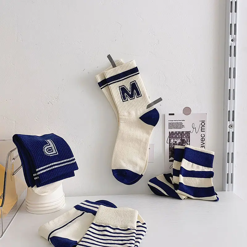 5 Pairs Fashion Stripe Letter Women Socks Elastic Soft Cotton Middle Tube Socks Spring Autumn Girl Sports Socks