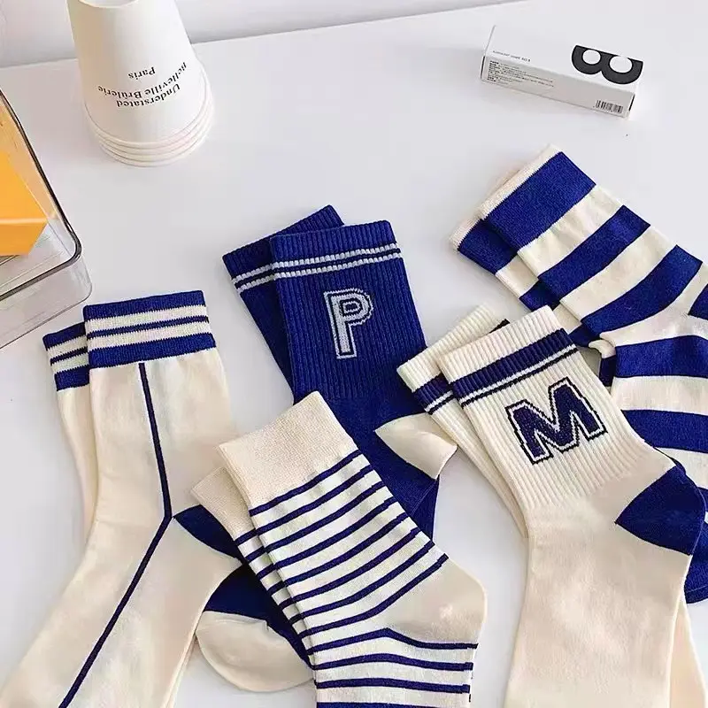 5 Pairs Fashion Stripe Letter Women Socks Elastic Soft Cotton Middle Tube Socks Spring Autumn Girl Sports Socks