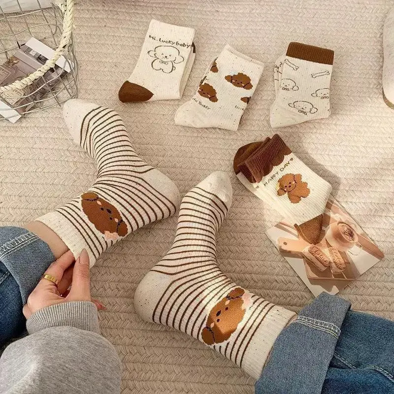 5 Pairs Spring Autumn Women Socks Cute Cartoon Dag Soft Cotton Middle Tube Socks Fashion Stripe Elastic Girl Casual Socks