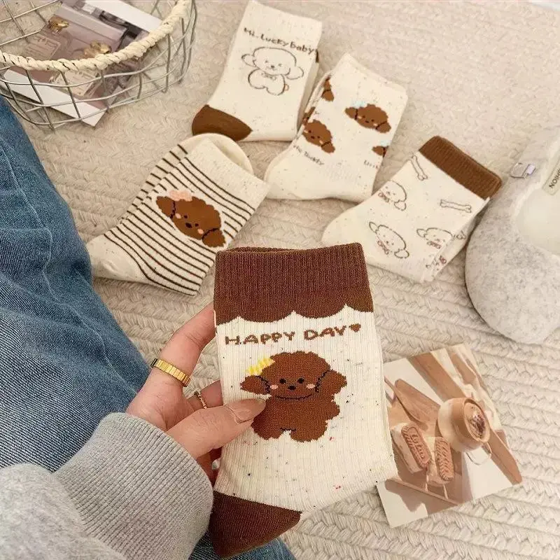 5 Pairs Spring Autumn Women Socks Cute Cartoon Dag Soft Cotton Middle Tube Socks Fashion Stripe Elastic Girl Casual Socks