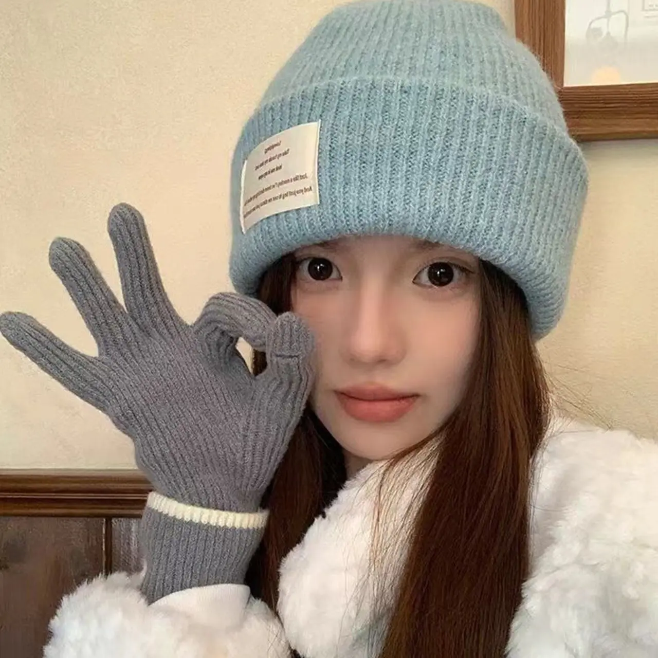 Korean Letter Label Knitted Hats for Women Winter Thicken Warm Woolen Pullover Hats Solid Color Anti-Cold Ear Protection Hats