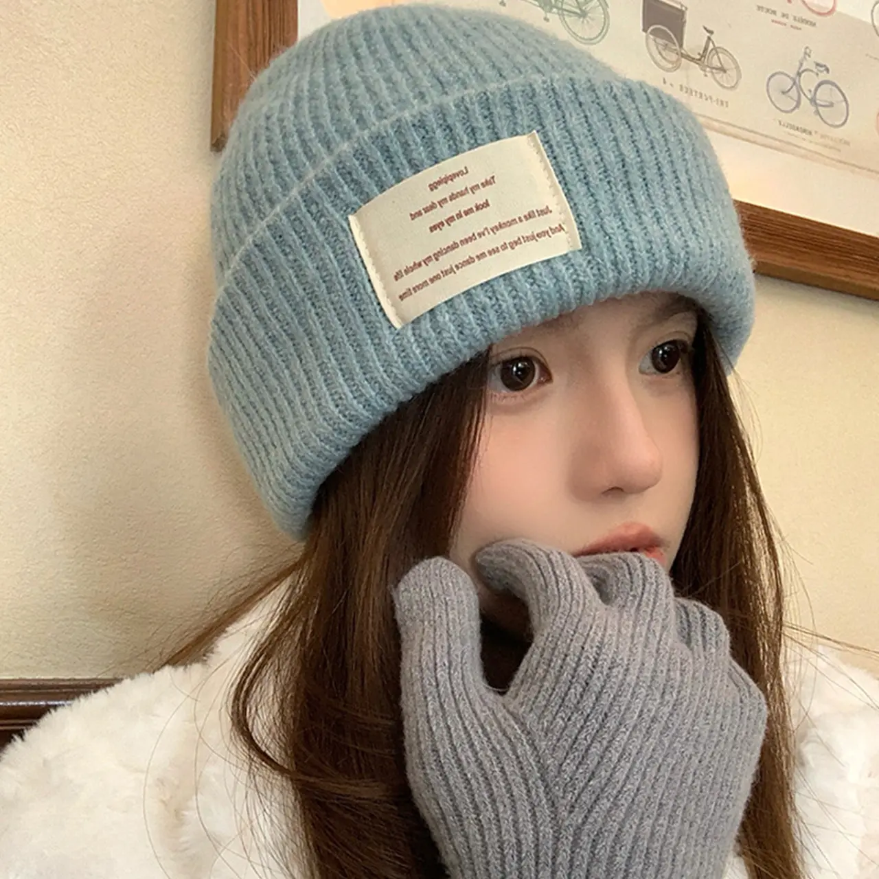 Korean Letter Label Knitted Hats for Women Winter Thicken Warm Woolen Pullover Hats Solid Color Anti-Cold Ear Protection Hats