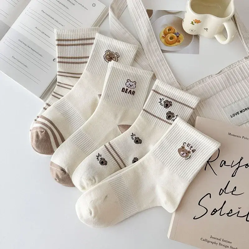 5 Pairs Cute Bear Socks for Women Spring Summer Thin Cotton Middle Tube Socks Harajuku Girl Cartoon Stripe Socks