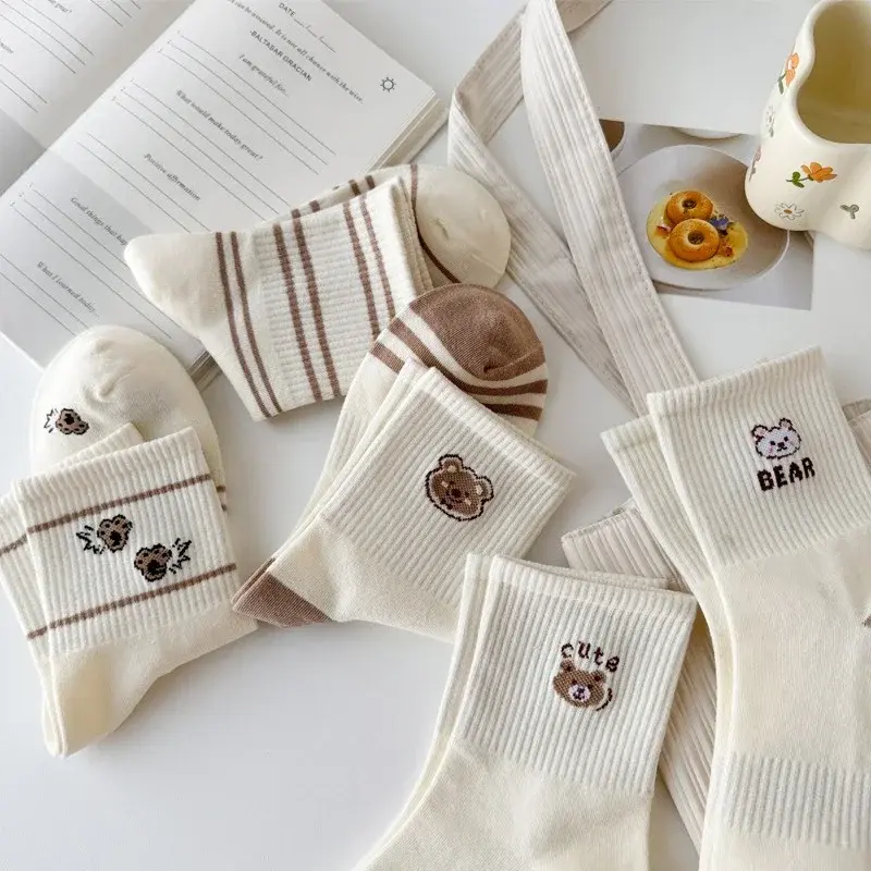 5 Pairs Cute Bear Socks for Women Spring Summer Thin Cotton Middle Tube Socks Harajuku Girl Cartoon Stripe Socks