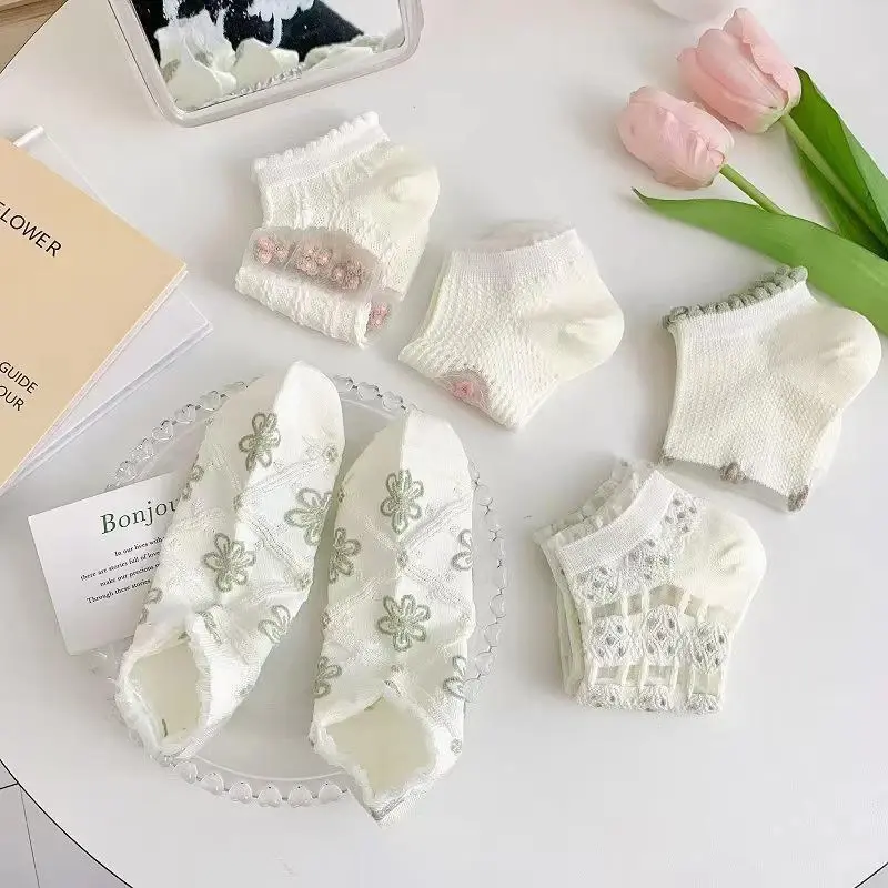 5 Pairs Floral Women Socks Summer Mesh Breathable Lace Embroidery Boat Socks Harajuku Girl Thin Short Socks
