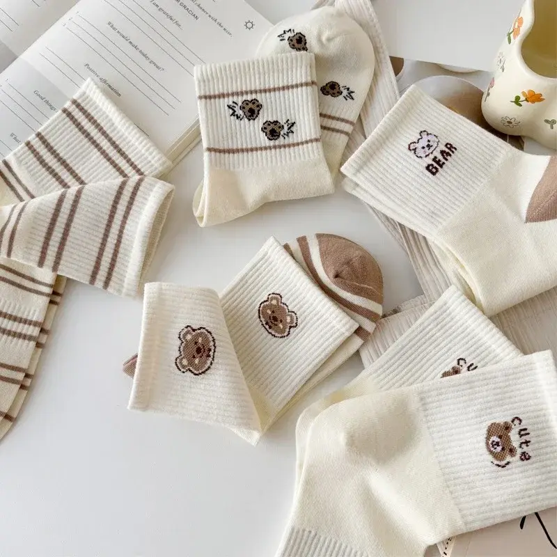 5 Pairs Cute Bear Socks for Women Spring Summer Thin Cotton Middle Tube Socks Harajuku Girl Cartoon Stripe Socks
