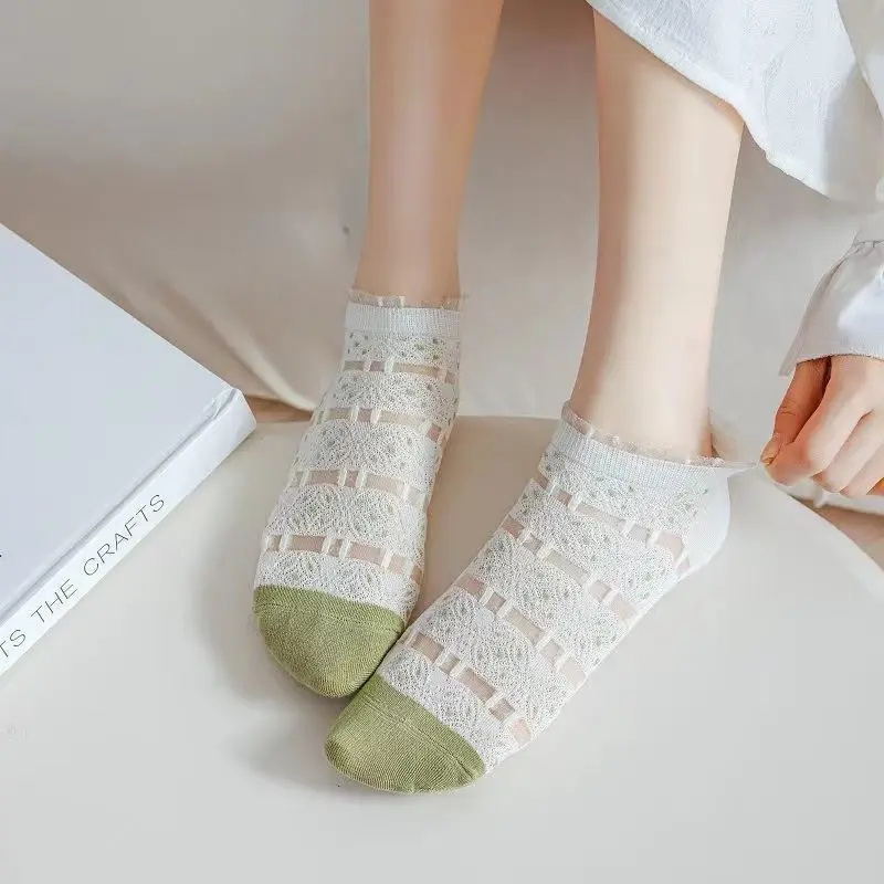5 Pairs Floral Women Socks Summer Mesh Breathable Lace Embroidery Boat Socks Harajuku Girl Thin Short Socks