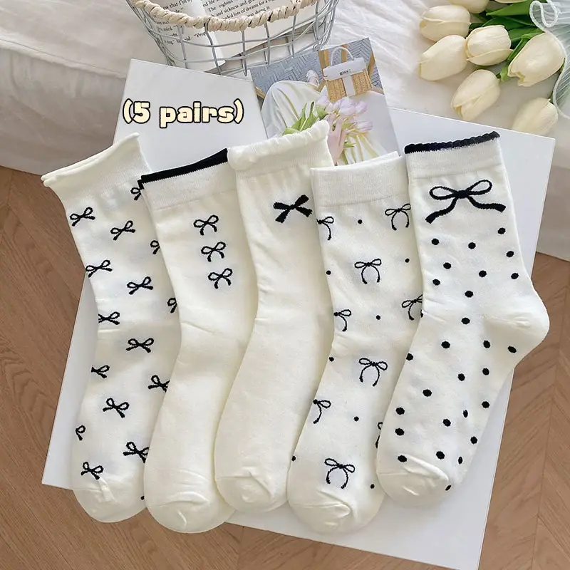 5 Pairs Cute Bow Print Socks for Women Spring Autumn Soft Cotton Middle Tube Socks Harajuku Girl Elastic Socks