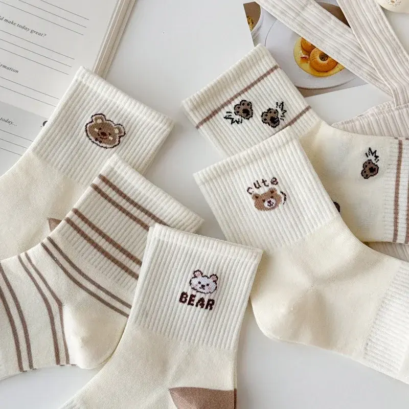 5 Pairs Cute Bear Socks for Women Spring Summer Thin Cotton Middle Tube Socks Harajuku Girl Cartoon Stripe Socks
