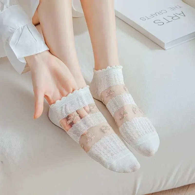 5 Pairs Floral Women Socks Summer Mesh Breathable Lace Embroidery Boat Socks Harajuku Girl Thin Short Socks