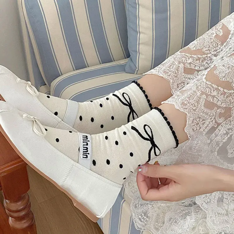 5 Pairs Cute Bow Print Socks for Women Spring Autumn Soft Cotton Middle Tube Socks Harajuku Girl Elastic Socks