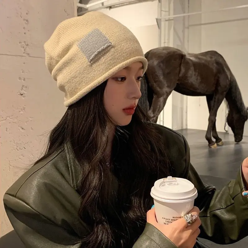 Retro Patchwork Beanies Autumn Winter Elastic Warm Woolen Knit Pullover Hats Unisex Outdoor Streetwear Fashion Hip Hop Hats