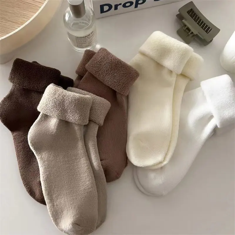 Winter Plush Socks for Women Solid Color Thick Thermal Warm Middle Tube Socks Girl Home Sleeping Floor Socks