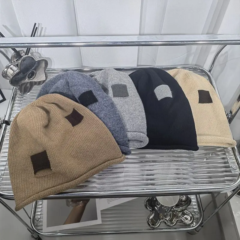 Retro Patchwork Beanies Autumn Winter Elastic Warm Woolen Knit Pullover Hats Unisex Outdoor Streetwear Fashion Hip Hop Hats