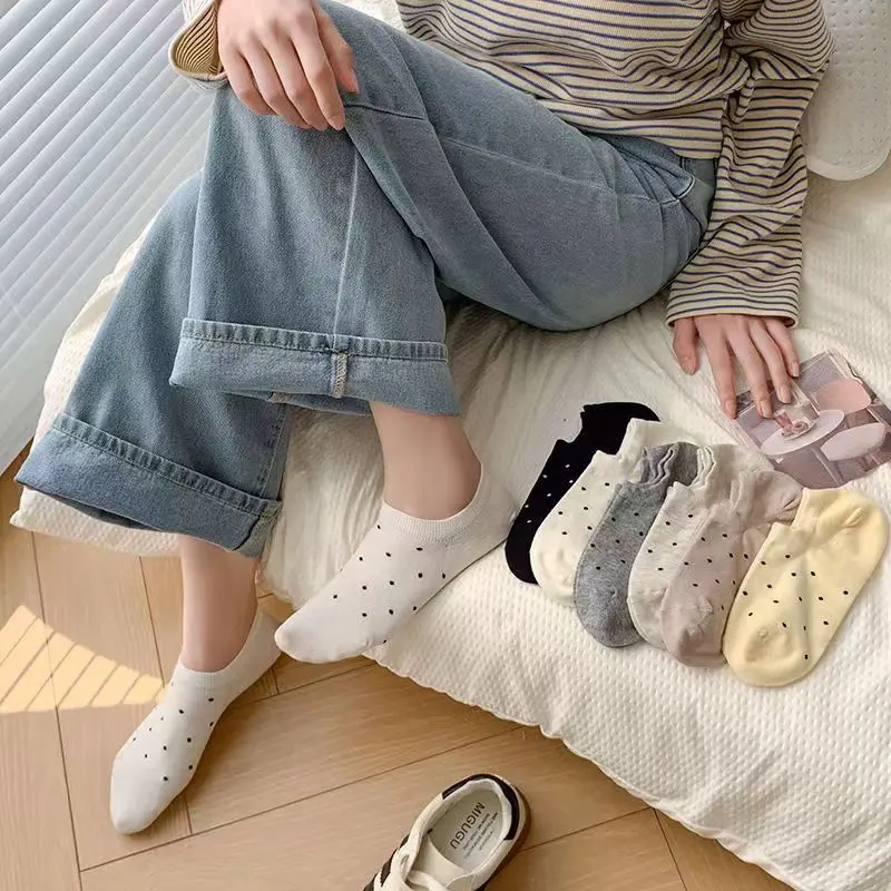 6 Pair Cute Dot Boat Socks for Women Spring Summer Soft Cotton Short Socks Harajuku Girl Breathable Invisible Socks