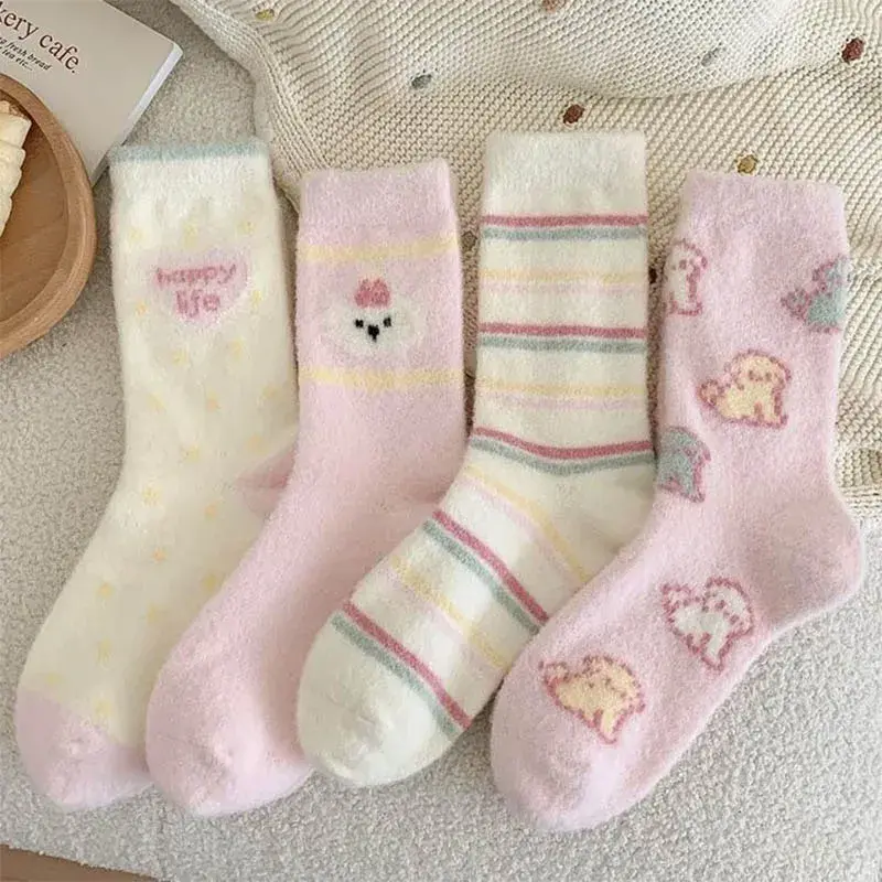 Cartoon Dog Plush Socks for Women Winter Thick Furry Warm Middle Tube Socks Cute Girl Pink Home Sleeping Socks