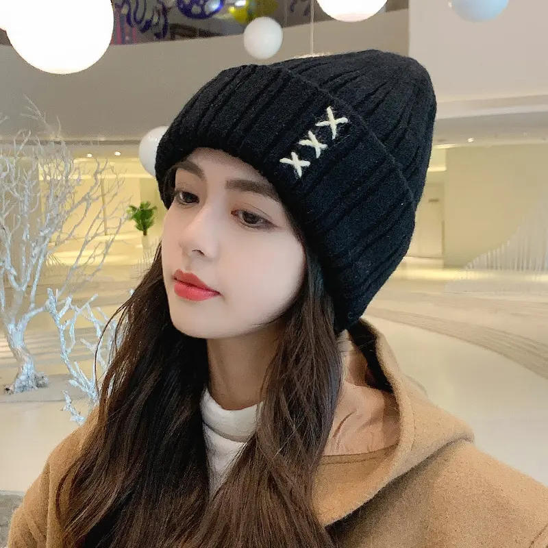 Autumn Winter Woolen Beanies Caps for Women Solid Color Knitted Warm Pullover Hats Outdoor Girl Windproof Ear Protection Hats