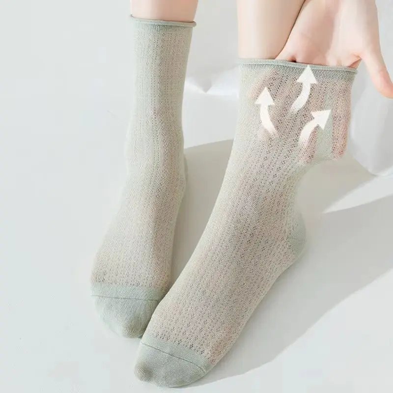 5 Pairs Solid Color Ruffle Socks for Women Summer Thin Mesh Breathable Middle Tube Socks Harajuku Girl Soft Cotton Pile Socks