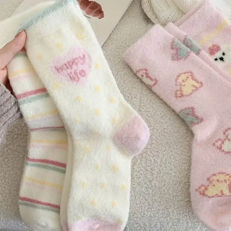 Cartoon Dog Plush Socks for Women Winter Thick Furry Warm Middle Tube Socks Cute Girl Pink Home Sleeping Socks