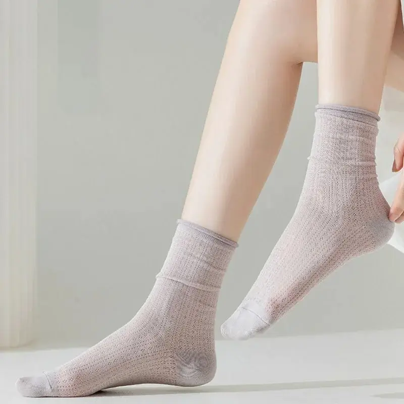 5 Pairs Solid Color Ruffle Socks for Women Summer Thin Mesh Breathable Middle Tube Socks Harajuku Girl Soft Cotton Pile Socks